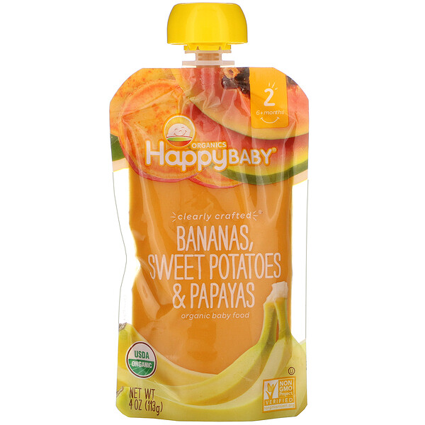Happy Family Organics, Organic Baby Food, Stage 2, Clearly Crafted, 6+ Months, Bananas, Sweet Potatoes, & Papayas, 4 oz (113 g)