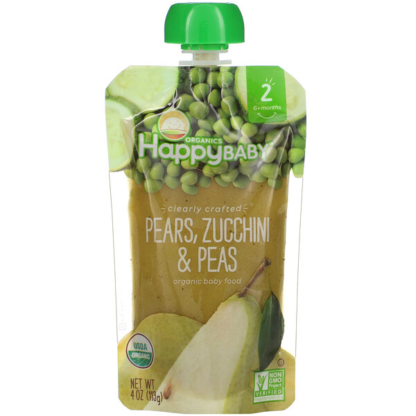 Happy Family Organics‏, Organic Baby Food, Stage 2, 6+ Months, Pears, Zucchini & Peas, 4 oz (113 g)