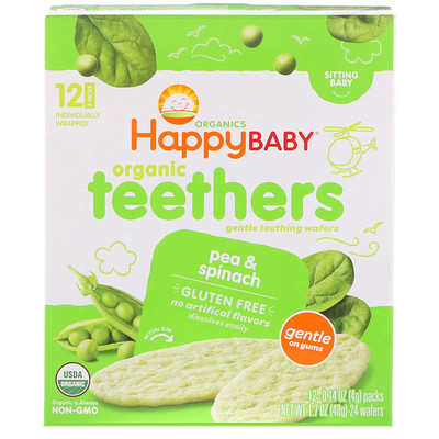 Organic Teethers, вафли для мягкого прорезывания зубов у сидящих малышей, горох и шпинат, 12 пакетиков по 4 г (0,14 унции)