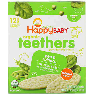 Happy Family Organics Organic Teethers, вафли для мягкого прорезывания зубов у сидящих малышей, горох и шпинат, 12 пакетиков по 4 г (0,14 унции)
