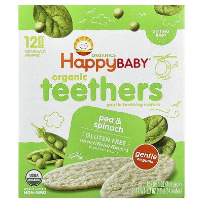 Happy Family Organics, Happy Baby®, Mordedores orgánicos, Obleas suaves para la dentición, Bebé que se sienta, Guisantes y espinaca, 12 paquetes, 4 g (0,14 oz) cada uno