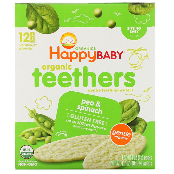 Happy Family Organics, Organic Teethers, вафли для мягкого прорезывания зубов у сидящих малышей, горох и шпинат, 12 пакетиков по 4 г (0,14 унции)