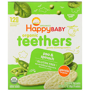 Отзывы о Нэйчэ Инк (Хэппи Бэби), Organic Teethers , Gentle Teething Wafers, Sitting Baby, Pea & Spinach, 12 Packs, 0.14 oz (4 g) Each
