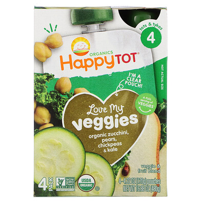 Happy Family Organics Happy Tot, Stage 4, Love My Veggies, Organic Zucchini, Pears, Chickpeas & Kale, 4 Pouch, 4.22 oz (120 g) Each
