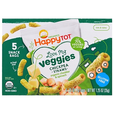 Organics Happy Tot, Мои любимые овощи, пакетик хрустящих палочек из нута, органический чеддер и шпинат, 5 пакетиков, 0,25 унции (7 г) каждый