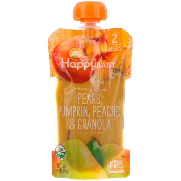 Happy Family Organics, Organic Baby Food, Stage 2, Clearly Crafted   6+ Months, Pears, Pumpkin, Peaches & Granola, 4 oz (113 g) 