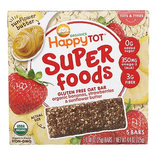 Happy Family Organics, Organics Happy Tot, Superfoods, Gluten Free Oat Bar, Organic Bananas, Strawberries & Sunflower Butter,  5 Bars, 0.88 oz (25 g) Each