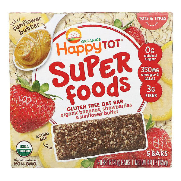 Happy Family Organics, Organics Happy Tot, Superfoods, Gluten Free Oat Bar, Organic Bananas, Strawberries & Sunflower Butter,  5 Bars, 0.88 oz (25 g) Each