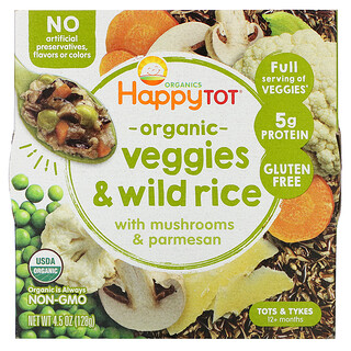 Happy Family Organics, Happy Tot，12 個月以上寶寶可食用，有機蔬菜和野生稻配蘑菇和帕爾瑪乳酪，4.5 盎司（128 克）