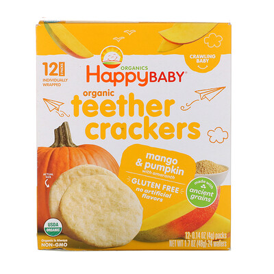Happy Family Organics Organic Teether Crackers, Mango & Pumpkin with Amaranth, 12 Packs, 0.14 oz (4 g) Each