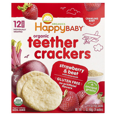 Happy Family Organics, Happy Baby, Galletas para la dentición orgánicas, Fresa y remolacha con amaranto, 12 paquetes, 4 g (0,14 oz) cada uno