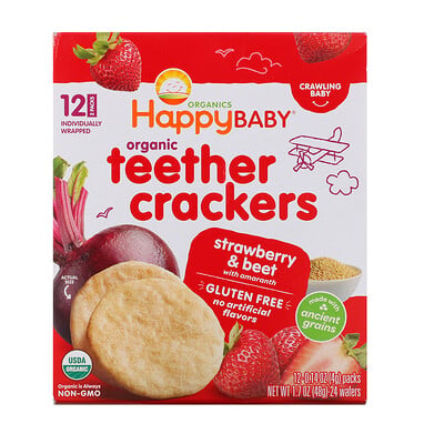 Happy Family Organics Organic Teether Crackers, Strawberry & Beet with Amaranth, 12 Packs, 0.14 oz (4 g) Each