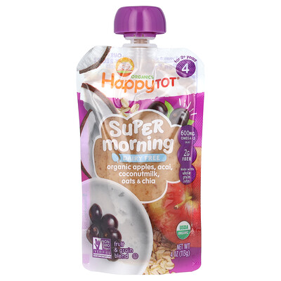Happy Family Organics, Happy Tot®, Supermañanas, Sin lácteos, Para niños de 2 años en adelante, Manzanas orgánicas, asaí, leche de coco, avena y chía, 113 g (4 oz)