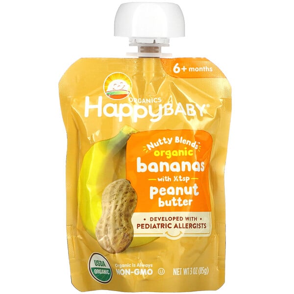 Happy Baby, Nutty Blends, от 6 месяцев, органические бананы с 1/2 чайной ложки арахисового масла, 3 унции (85 г)