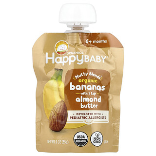 هابي بيبي‏, Happy Baby® ، Nutty Blends ™ ، موز عضوي مع 1/2 ملعقة صغيرة من زبدة اللوز ، 3 أونصات (85 جم)