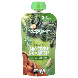 Happy Family Organics, Happy Baby®, Органични броколи и моркови със зехтин и чесън, 6+ месеца, 113 г