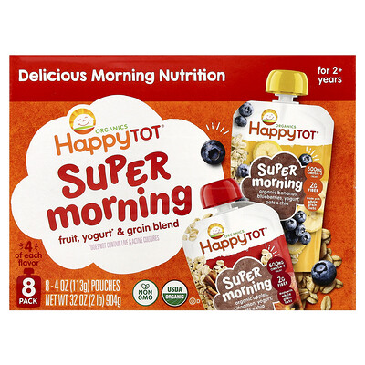 Happy Family Organics, Happy Tot®, Suplemento matutino, Para niños de 2 años en adelante, Mezcla de frutas, yogur y cereales, Paquete variado, 8 paquetes, 113 g (4 oz) cada uno