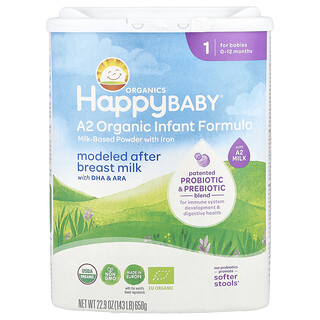 Happy Family Organics, Formule biologique pour nourrissons A2, Poudre à base de lait avec du fer, 0-12 mois, 650 g