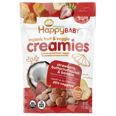 Happy Family Organics, Happy Baby, Organic Fruit & Veggie Creamies, Crawling Baby, Strawberry, Butternut Squash & Banana, 1 oz (28 g)