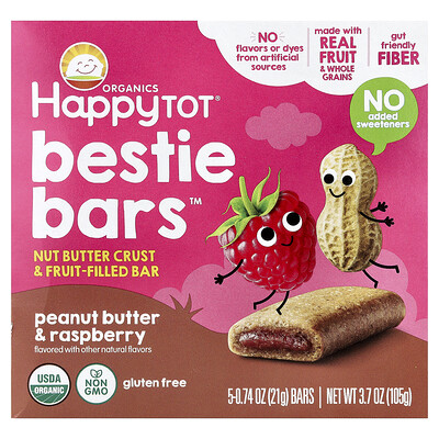 Happy Family Organics, Happy Tot®, Bestie Bars™, Mantequilla de maní y frambuesa, 5 barritas, 21 g (0,74 oz) cada una
