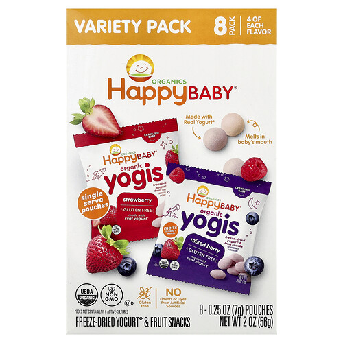 Happy Family Organics, Happy Baby®, Organic Yogis, Freeze Dried Yogurt & Fruit Snacks, Crawling Baby, Variety Pack, 8 Pouches, 0.25 oz (7 g) Each