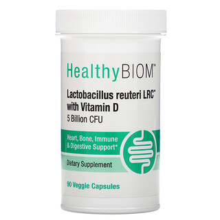 HealthyBiom, Lactobacillus reuteri LRC con vitamina D, 5000 millones de UFC, 90 cápsulas vegetales
