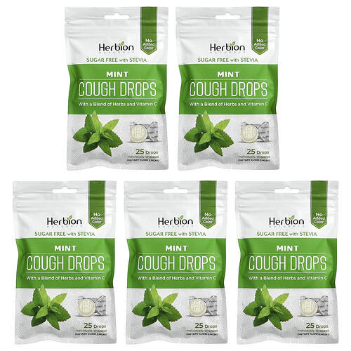 Herbion Naturals Cough Drops, Mint, 5 Packs, 25 Drops Each