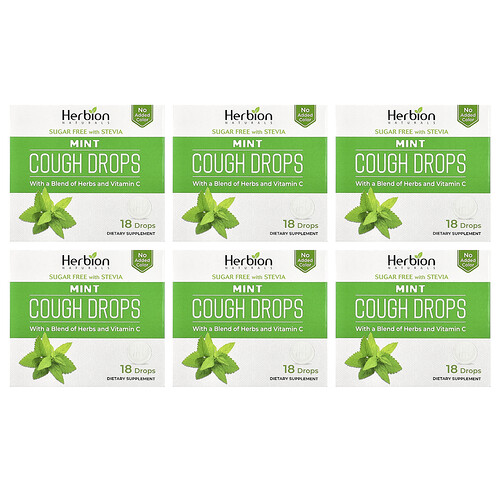 Herbion Naturals Cough Drops, Mint, Sugar Free, 6 Packs, 18 Drops Each
