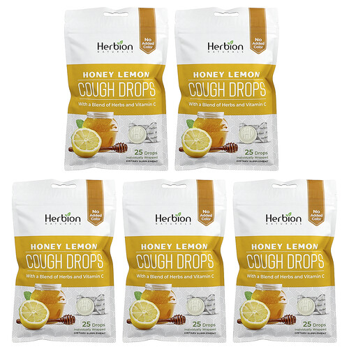 Herbion Naturals Cough Drops, Honey Lemon, 5 Packs, 25 Drops Each