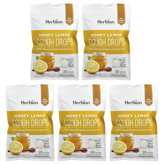 Herbion Naturals, Cough Drops, Honey Lemon, 5 Packs, 25 Drops Each