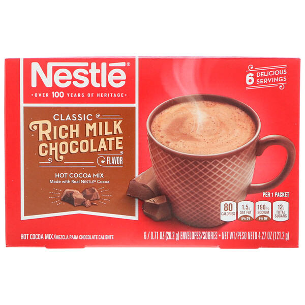 Nestle Hot Cocoa Mix, Смесь со вкусом насыщенного молочного шоколада, 6 пакетиков весом 20,2 г (0,71 унции) каждый