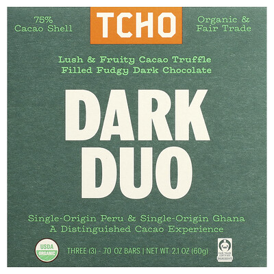 Product Image for TCHO, Dark Duo, Cacao Truffle Filled Fudgy Dark Chocolate, 75% Cacao Shell, 3 Bars, 0.70 oz Each