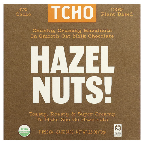 TCHO, Hazel Nuts, Smooth Oat Milk Chocolate, Haselnussmilchschokolade, 47% Kakao, 3 Riegel, je 0,83 oz