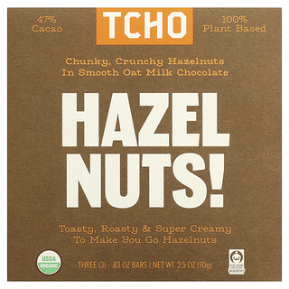 TCHO, Hazelnoten, zachte havermelkchocolade, 47% cacao, 3 repen, 22 g per stuk