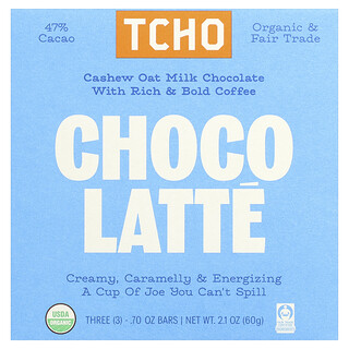 TCHO, Sjokoladelatte, melkesjokolade med kaffe, 47 % kakao, 3 barer, 0,70 oz hver