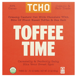 TCHO, Toffee Time, Chocolate con bebida de avena con tofe y sal marina, 53 % cacao, 3 barritas, 0,70 oz cada una