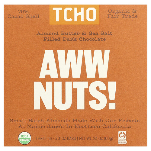 TCHO, Aww Nuts!, mit Mandelbutter und Meersalz gefüllte dunkle Schokolade, 75% Kakaoschale, 3 Riegel, je 0,70 oz