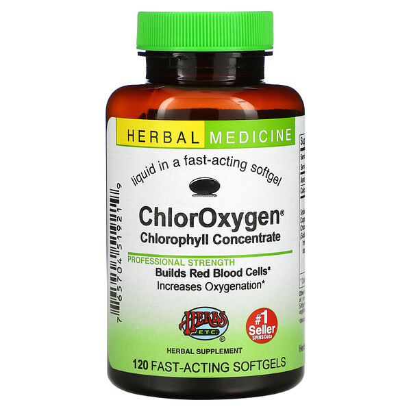 Herbs Etc.‏, ChlorOxygen, רכז כלורופיל, ללא אלכוהול, 120 כמוסות ג'ל מהירות