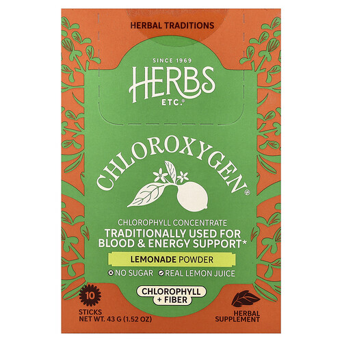 Herbs Etc. ChlorOxygen®, Chlorophyll + Fiber Powder, Lemonade , 10 Sticks, 4.3 g (0.15 oz) Each