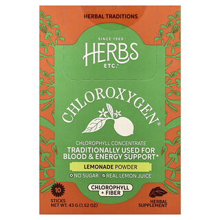 Herbs Etc., ChlorOxygen®, Chlorophyll + Fiber Powder, Lemonade , 10 Sticks, 4.3 g (0.15 oz) Each