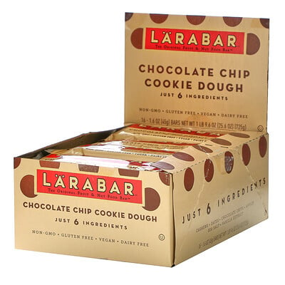 Larabar The Original Fruit & Nut Food Bar, Chocolate Chip Cookie Dough, 16 Bars, 1.6 oz (45 g) Each