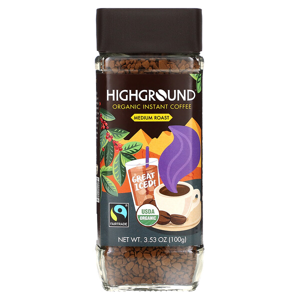 Highground Coffee, オーガニックインスタントコーヒー、ミディアム、100g（3.53オンス）