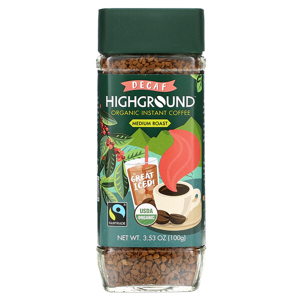 Highground Coffee, قهوة فورية عضوية، وسط ، منزوعة الكافيين، 3.53 أوقية (100 جم)