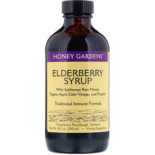 Honey Gardens, 엘더베리 시럽 벌침 요법 무가공 꿀, 유기농 애플 사이다 식초 함유, 프로폴리스, 240ml(8fl oz)