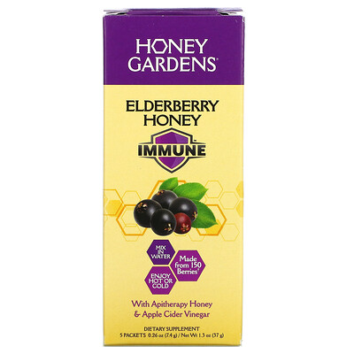 Honey Gardens Elderberry Honey, Immune, 5 Packets, 0.26 oz ( 7.4 g) Each