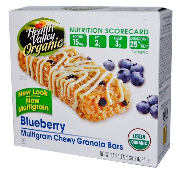 Health Valley, Organic Multigrain Chewy Granola Bars, Blueberry, 6 Bars, 1 oz (29 g) Each (Discontinued Item) 