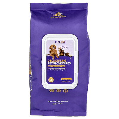 HICC Pet, Toallitas desodorizantes para guantes para mascotas, Para perros y gatos, Coco, 20 piezas
