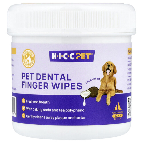 HICC Pet, Pet Dental Finger Wipes, Zahnpflege-Fingertücher für Hunde und Katzen, duftneutral, 50 Stück