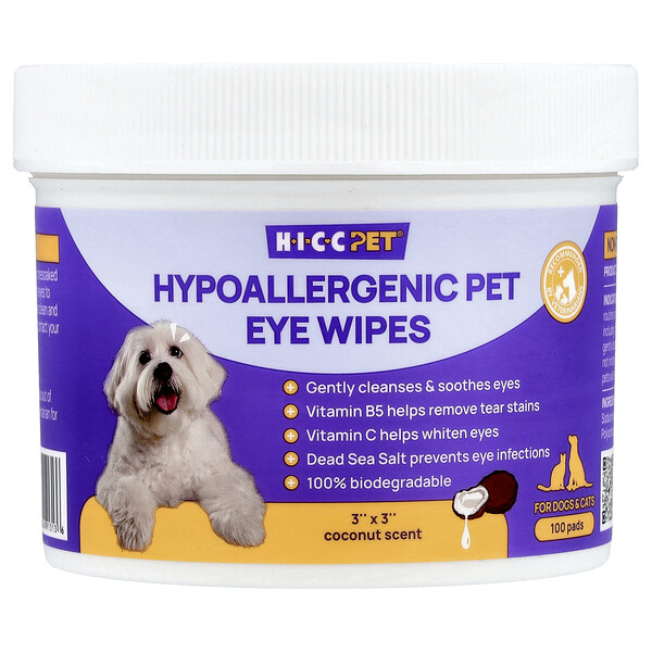 HICC Pet Hypoallergenic Pet Eye Wipes, For Dogs & Cats, Coconut, 100 Pads