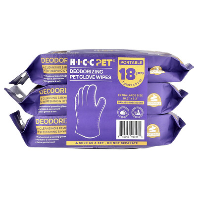 Product Image for HICC Pet, Deodorizing Pet Glove Wipes, Extra Large, Damask Rose, 3 Pack, 6 Pieces Each